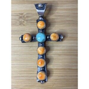 Chimney Butte Native American Sterling Cross Pendant Turquoise Spiney Oyster